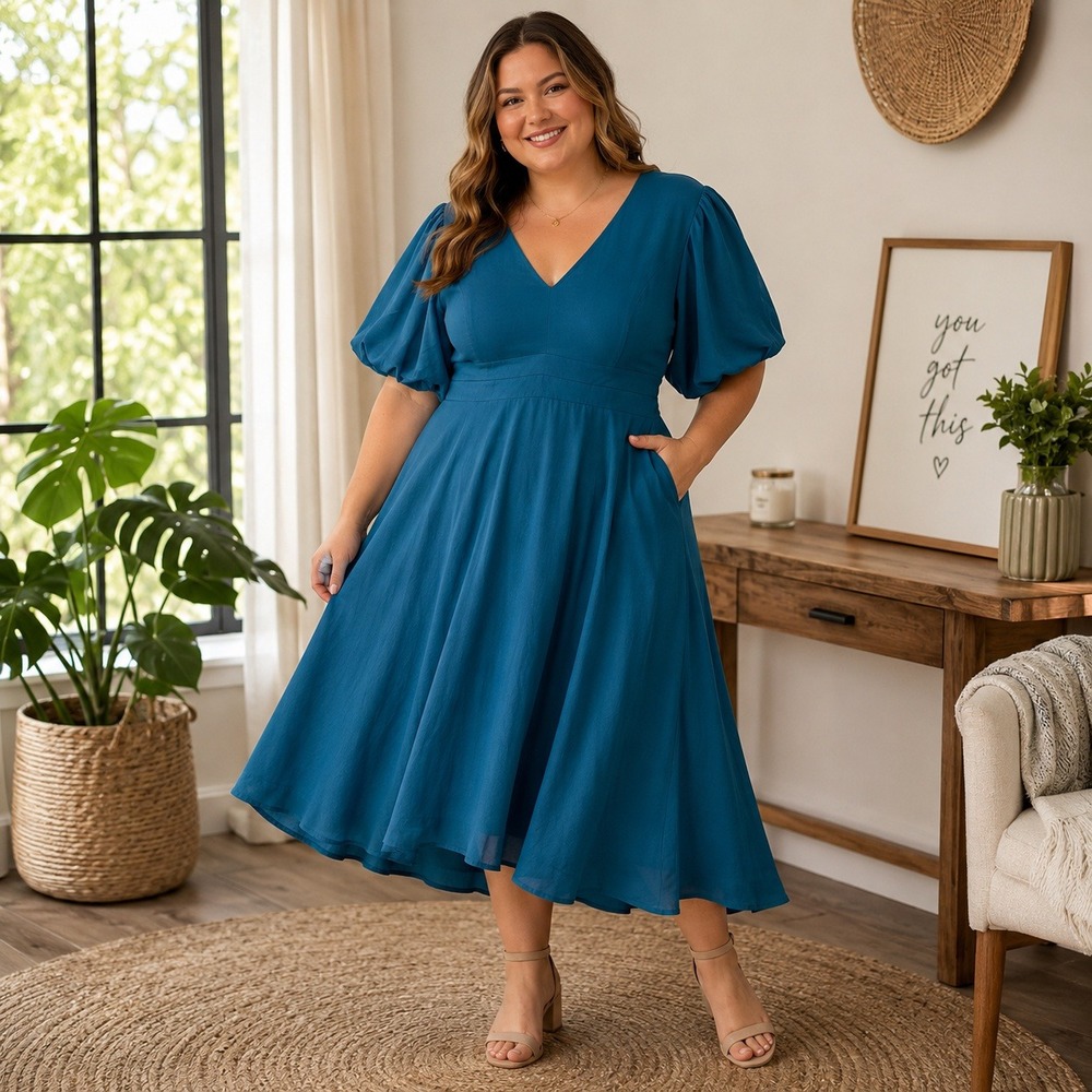 City Chic Dark Green Puff Sleeve Tie Back Dress V-Neck Plus Size L 20 NEW
